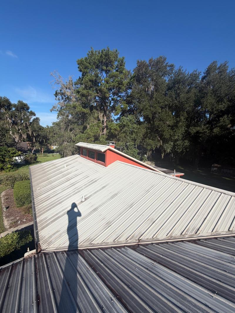 Lower roof panels almost black with build-up below a lighter upper slope and a red dormer