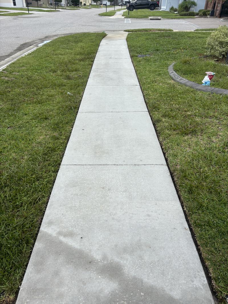 The same front walkway after pressure washing, concrete bright again
